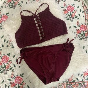 Crochet bikini swimsuit in black cherry / wine